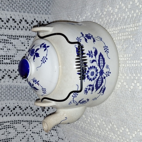 Japan Nevco Blue Onion Other - Vintage Japan Nevco Teapot Blue White China Blue Onion Black Wire Coil Handle